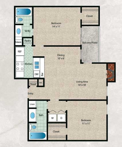 Floor plan for 2 beds, 2 baths, 957 sqft